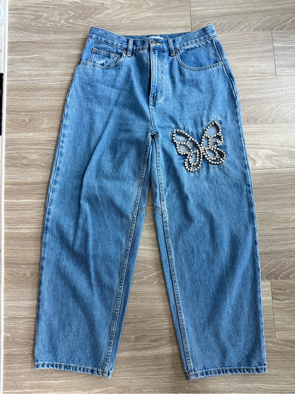 AREA Light Blue Straight-Leg Jeans with Crystal Butterfly